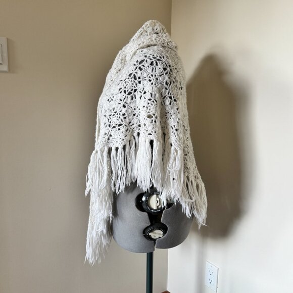 Handmade Crochet Shawl Wrap Ivory Fringe Boho Cottagecore - Picture 3 of 10